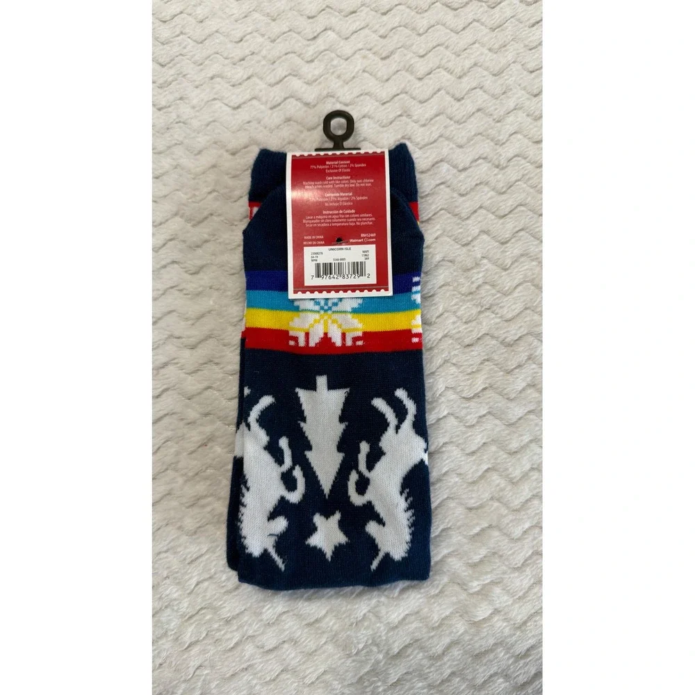 Holiday Time Unicorn Isle Navy Blue Rainbow Christmas Crew Socks One Size NEW